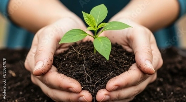 Fototapeta Nurturing new life with care, hands gently holding a vibrant seedling and rich soil, symbolizing growth, sustainability, and a hopeful future for environmental awareness campaigns