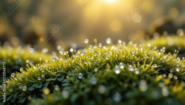 Fototapeta Dew-kissed moss in a sunlit forest floor.