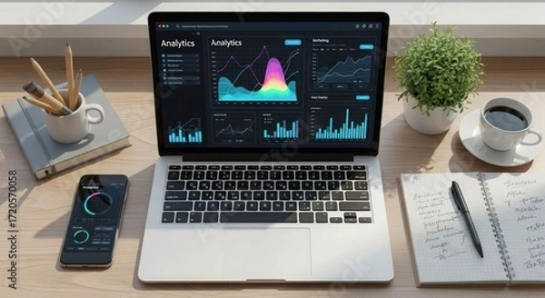 Fototapeta Analyze business growth with vibrant data analytics on a modern laptop and phone, empowering strategic decisions with key performance indicators and coffee on the desk