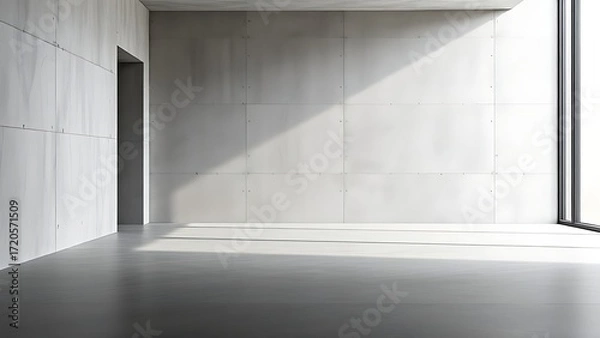 Fototapeta Minimalist concrete interior with smooth floor and textured wall, showcasing contemporary architectural design.