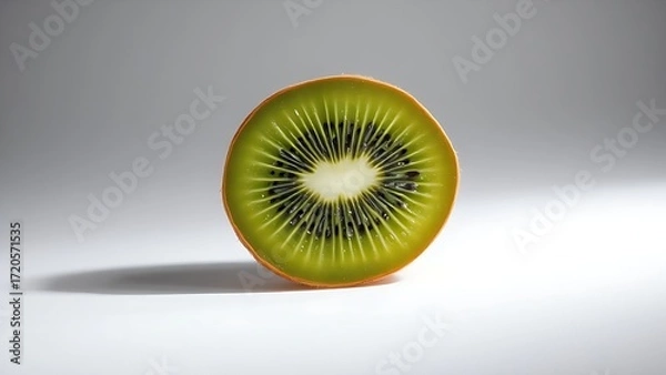 Fototapeta Close-up of a sliced kiwi fruit on white background, revealing vibrant green flesh and fresh water droplets.