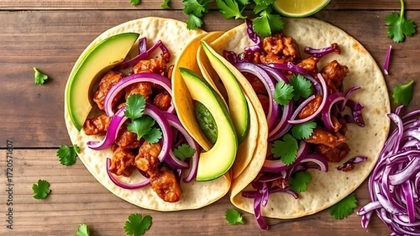 Fototapeta Mexican street tacos with pork, avocado, and cilantro on a rustic table.