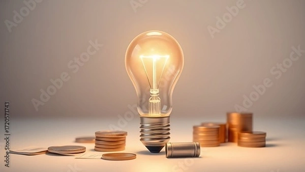 Fototapeta Illuminated lightbulb with financial elements, business innovation concept.