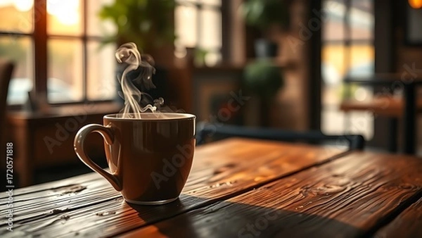 Fototapeta A steaming coffee cup on a rustic wooden table, bathed in soft morning light.