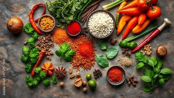Fototapeta Colorful Asian ingredients arranged on rustic stone, vibrant spices and fresh herbs from above.