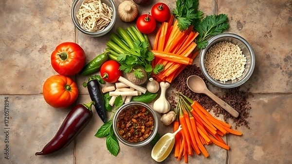 Fototapeta Artistic arrangement of Asian cuisine ingredients on rustic stone, colorful vegetables and spices in overhead view.