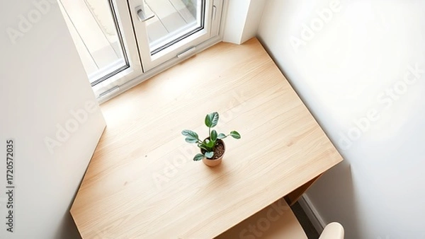 Fototapeta A minimalist wooden desk with a potted plant, reflecting Scandinavian-inspired simplicity and calm.