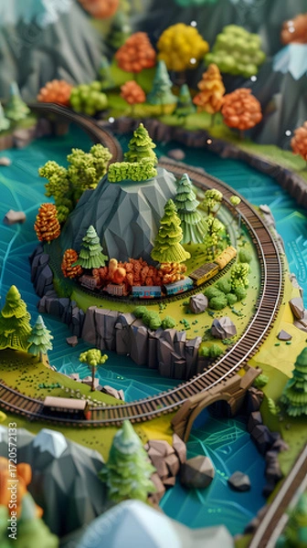 Fototapeta 3d Low Poly clay miniature planet with train