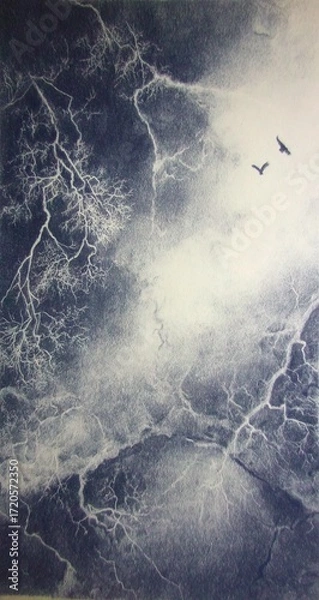 Fototapeta Aerial view of a stormy sky with stark tree branches and birds in flight.