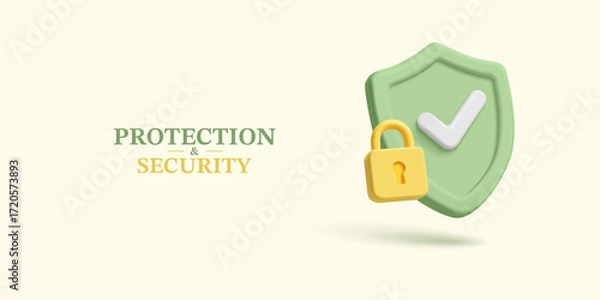 Obraz 3D green shield with check mark and lock. Banner for security protection, security concepts. Business, finance, technology. Personal data protection. Vector illustration.