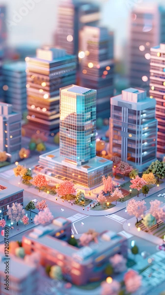 Fototapeta 3d low poly clay style busy Downtown Tall glass tower