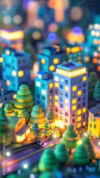 Fototapeta 3d Low Poly clay style city at night glowing