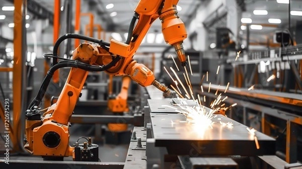 Fototapeta Metal processing robot with a sleek metallic arm, gripper end effector, and control base, operating in a manufacturing workshop to weld, cut, or assemble steel parts, connected to a control system and