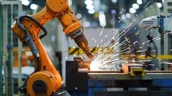 Fototapeta Metal processing robot with a sleek metallic arm, gripper end effector, and control base, operating in a manufacturing workshop to weld, cut, or assemble steel parts, connected to a control system and