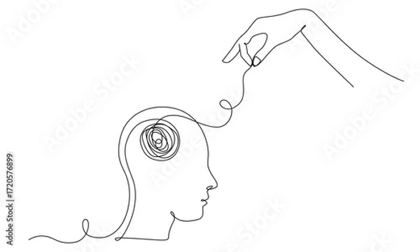 Fototapeta Continuous one line drawing of mental health concept. Symbol of confused thoughts and problems and psychologist helping to untangle the knot vector eps 10