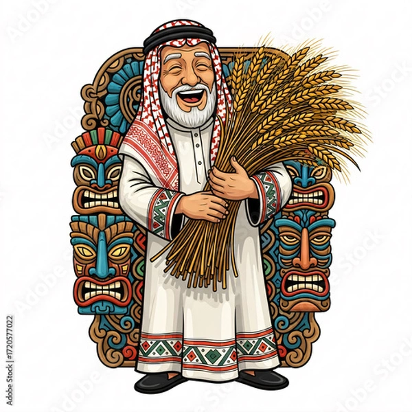 Fototapeta A smiling man in traditional Middle Eastern attire holds a bundle of wheat with colorful totem-like figures in the background.