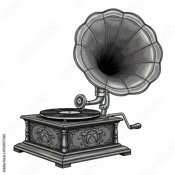 Fototapeta A vintage gramophone with a large ornate horn and a vinyl record on the turntable.