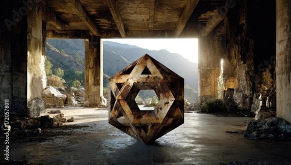 Fototapeta Rusty geometric sculpture in a dilapidated concrete structure.