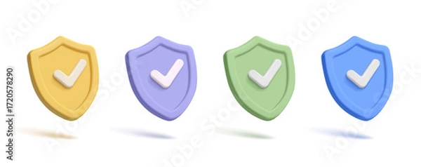 Obraz Set of colored shields with check mark, 3D. Modern icons for concepts of protection, security, reliability, verification, technology, science, education. Vector illustration.