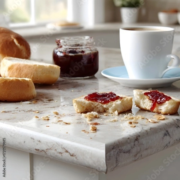 Fototapeta Fresh Breakfast Spread with Jam and Toast on Marble Table Surface