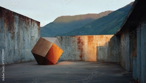 Fototapeta Rust-colored cube sculpture on a paved outdoor space.