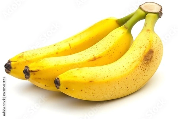 Fototapeta Three ripe yellow bananas bunch with brown spots isolated on a white background