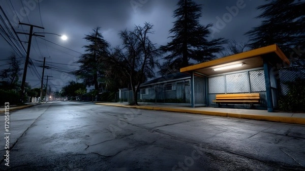 Fototapeta Quiet Night Bus Stop on Empty Street Surrounded by Trees