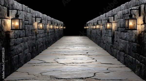 Fototapeta Dimly Lit Stone Corridors with Lanterns Glowing in Darkness
