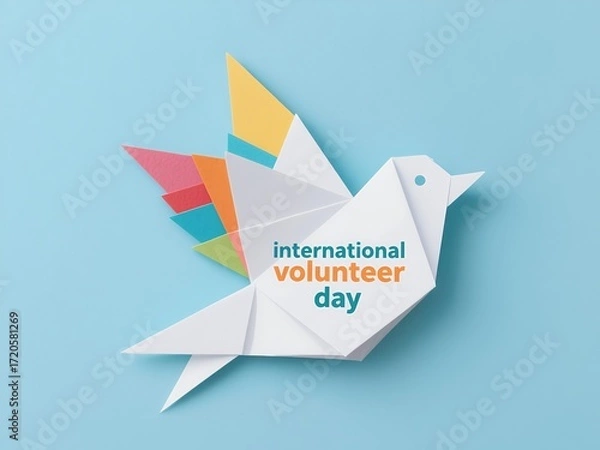 Fototapeta Origami bird with text International volunteer day