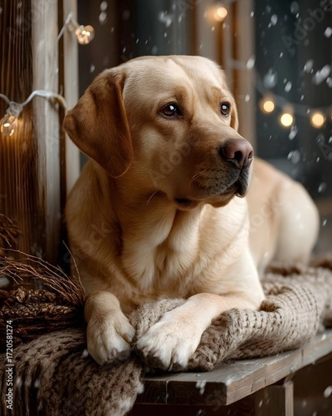 Fototapeta Cozy Labrador Dog by the Window with Snowfall and Warm Lights