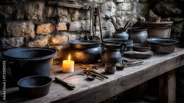 Fototapeta Antique Pottery Collection with Candle Light in Rustic Setting