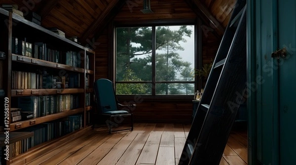 Fototapeta Cozy Reading Nook in Rustic Cabin with Bookshelves and Window View