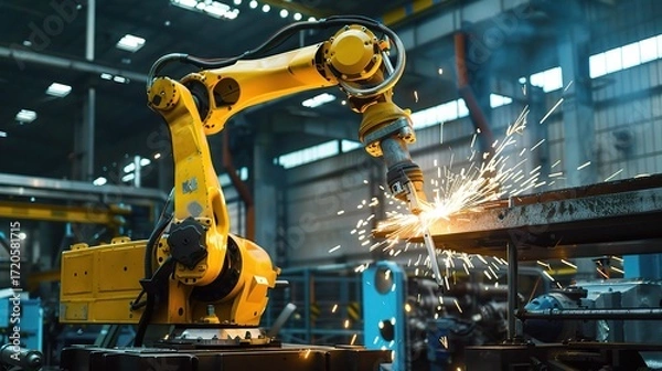 Fototapeta Metal processing robot with a sleek metallic arm, gripper end effector, and control base, operating in a manufacturing workshop to weld, cut, or assemble steel parts, connected to a control system and