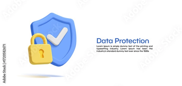 Obraz Data protection. Modern banner with 3D shield, check mark and closed lock. Web security, encryption, password, confirmation. Vector illustration.