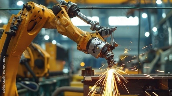 Fototapeta Metal processing robot with a sleek metallic arm, gripper end effector, and control base, operating in a manufacturing workshop to weld, cut, or assemble steel parts, connected to a control system and