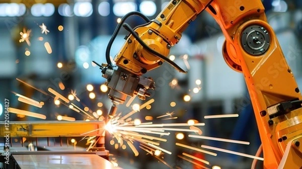 Fototapeta Metal processing robot with a sleek metallic arm, gripper end effector, and control base, operating in a manufacturing workshop to weld, cut, or assemble steel parts, connected to a control system and