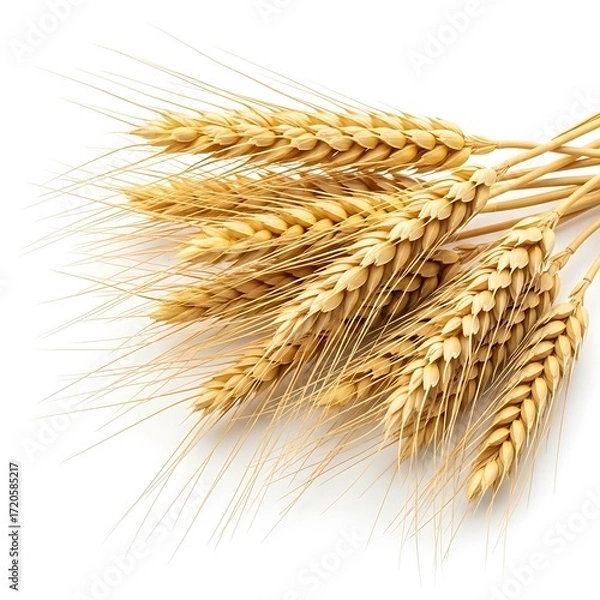 Fototapeta A cluster of golden wheat ears stands out against a pure white background.
