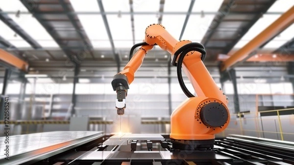 Fototapeta Metal processing robot with a sleek metallic arm, gripper end effector, and control base, operating in a manufacturing workshop to weld, cut, or assemble steel parts, connected to a control system and