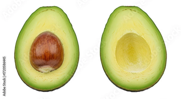 Fototapeta Two halves of a fresh avocado one with a pit and one without on a white background.