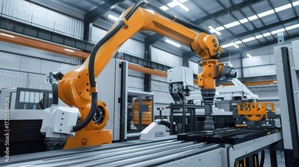 Fototapeta Metal processing robot with a sleek metallic arm, gripper end effector, and control base, operating in a manufacturing workshop to weld, cut, or assemble steel parts, connected to a control system and