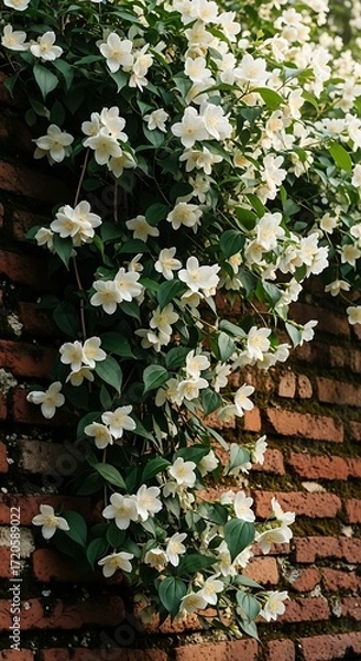 Fototapeta A profusion of delicate white flowers cascades over a weathered brick wall, creating a picturesque display of nature's beauty.