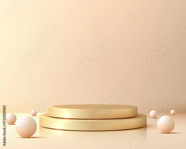 Fototapeta luxury podium mockup with gold circular pedestals on reflective surface and white spheres for elegant product showcase in minimalist studio background