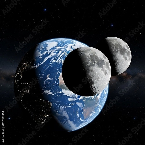 Fototapeta A celestial view showcasing Earth with two phases of the moon in dark space.