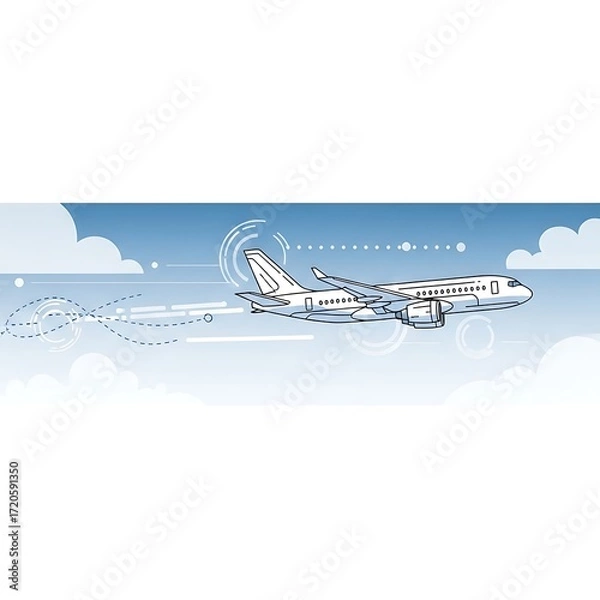 Fototapeta A stylized, light-blue-toned illustration depicts a jet plane soaring through a pale-blue sky dotted with soft, stylized clouds.