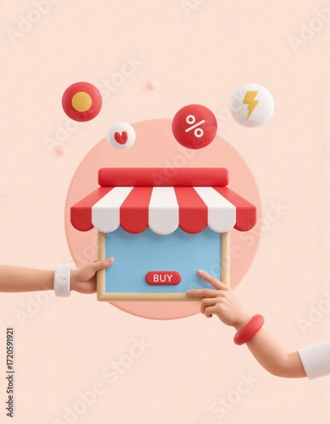 Fototapeta 3D illustration hand pressing social media network icons on digital screen concept.