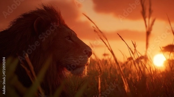 Obraz A lion gazes into a vibrant golden sunset, amidst tall grass, creating a stunning and serene African wildlife scene