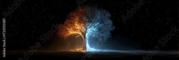 Fototapeta A dualistic tree stands divided, one side ablaze with fire, the other frosted in ice, against a deep, star-studded night sky