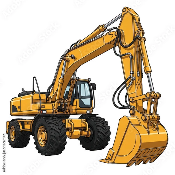 Obraz Yellow excavator isolated on transparent background, a powerful construction vehicle