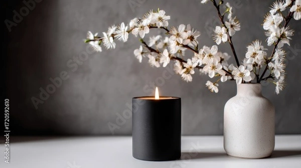 Fototapeta Blooming branches in a vase beside a lit black candle set against a textured gray background on a plain white surface