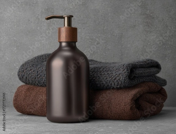 Fototapeta Matte brown bottle w/ pump sits atop folded brown and gray towels. Minimalist, simple design on textured gray background